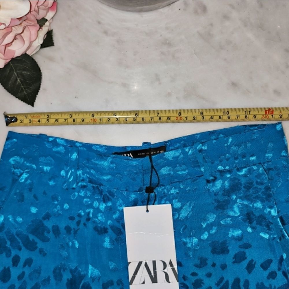 ZARA NWT TURQUOISE JACQUARD PANTS WIDE LEG - Picture 2 of 11